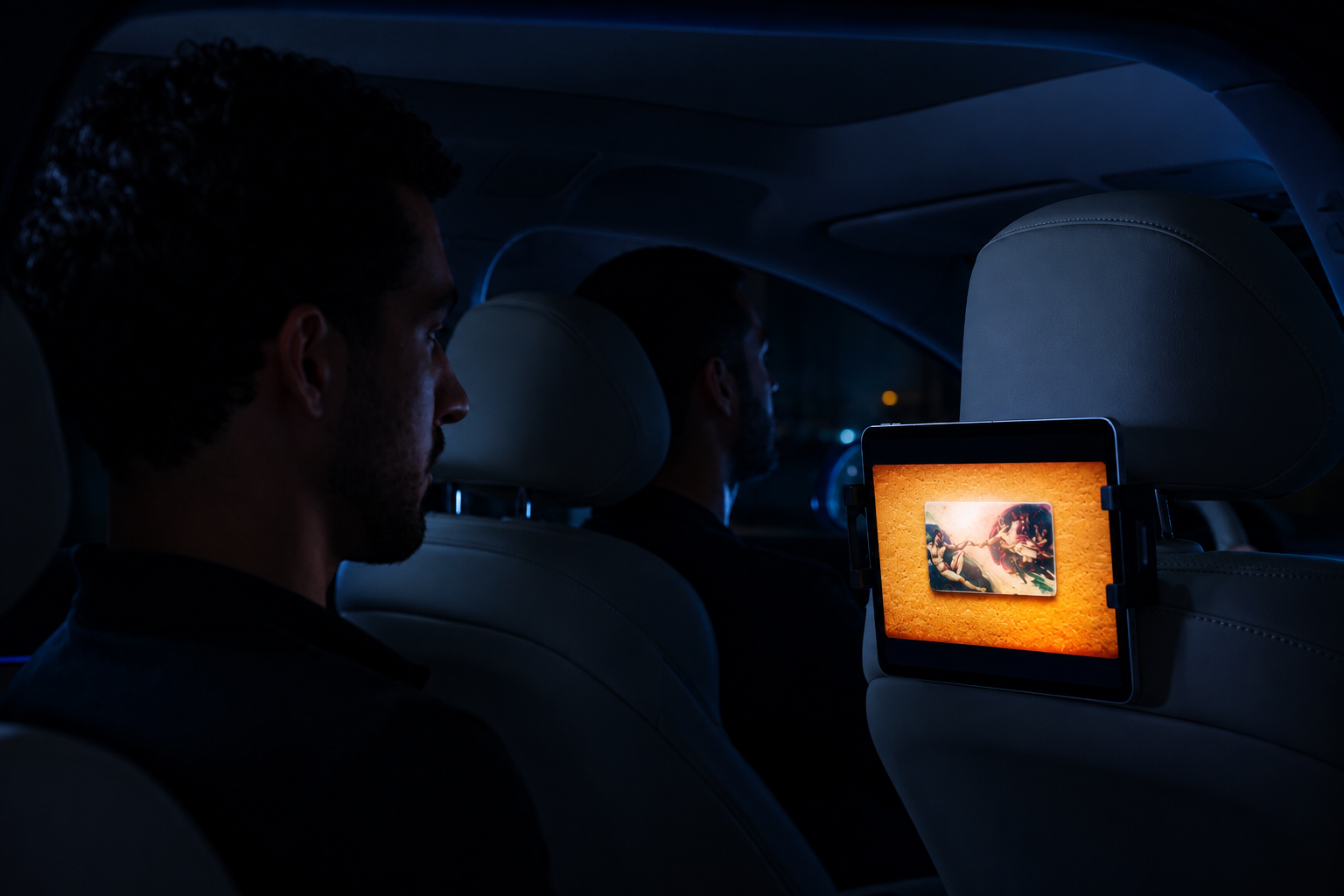 A premium in-ride tablet screen mounted on a car headrest at night